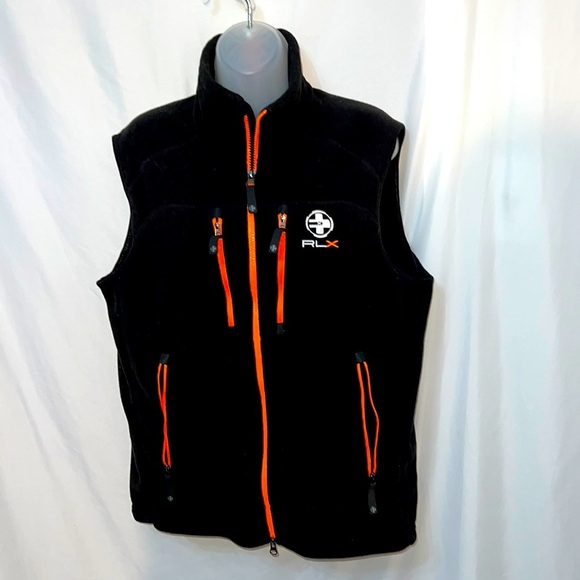 RLX Ralph Lauren Mens Fleece Vest Black Orange Size Medium Soft - Picture 1 of 9